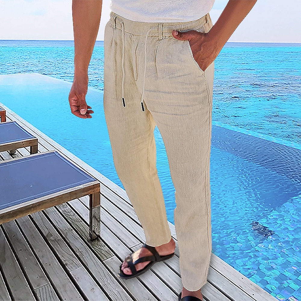 Herren Leinenhose Hose Hosen Sommerhosen Strandhose Tasche Kordelzug Glatt Komfort Atmungsaktiv Urlaub Täglich Festtage Hawaiianisch Boho Schwarz Weiß Lightinthebox