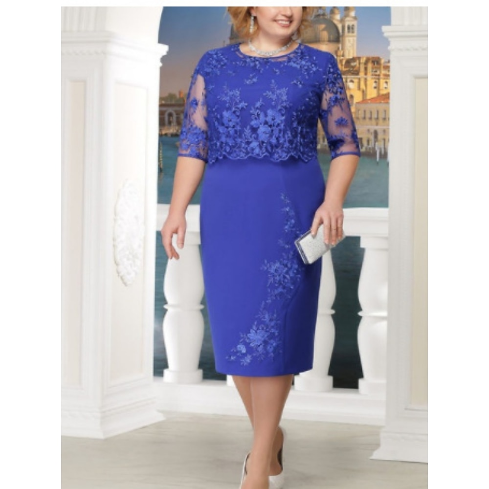 Damen Midikleid Spitzenkleid Figurbetontes Kleid Kleid mit Lochstickerei Geburtstag Cocktail Urlaub Täglich Regular Fit Glatt Halbe Ärmel Rundhalsausschnitt Rote Marineblau Blau Sommer Lightinthebox