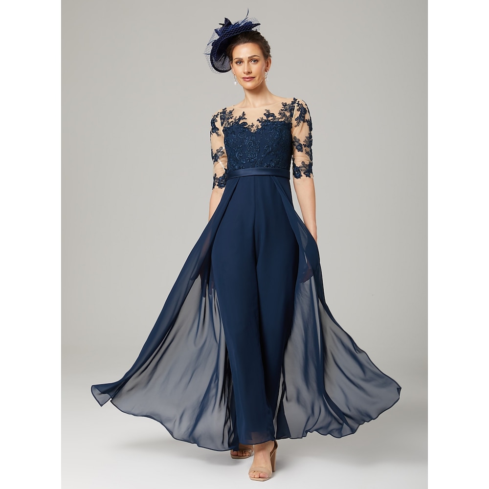 Hosenanzug Brautmutterkleid Formal kleid hochzeitsgast Elegant Party U-Ausschnitt Knöchellänge Chiffon Spitze 3/4 Ärmel mit Applikationen 2025 Lightinthebox