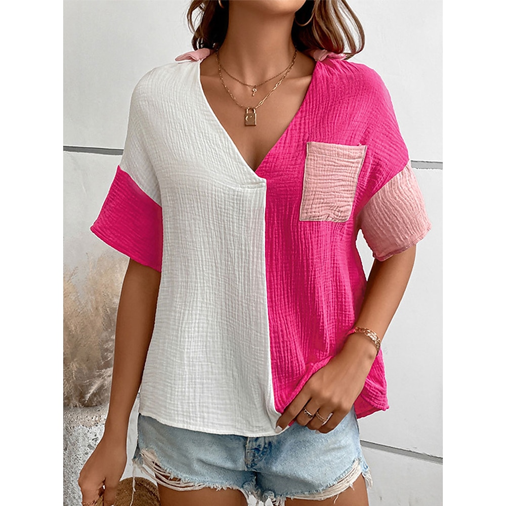 Damen Hemd Bluse Farbblock Täglich Stilvoll Brautkleider schlicht Kurzarm V Ausschnitt Normale Oberteile Täglich Festtage Ausgehen Tasche Rosa Sommer Frühling Lightinthebox