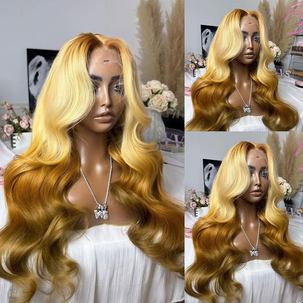 Remy Menschenhaar 5x5 Verschluss 13x4 Spitzenfront Perücke Freier Teil Brasilianisches Haar Wellen Blond Perücke 130% 150% Haardichte mit Babyhaar Gefärbte Haarspitzen (Ombré Hair) Leimlos Vorgerupft Lightinthebox