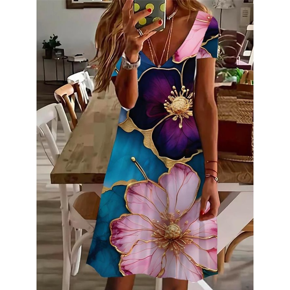 Damen Casual kleid Elegant Tropisch Hawaiianisch Täglich Regular Fit Blumen Kurzarm Rundhalsausschnitt Blau Sommer Lightinthebox