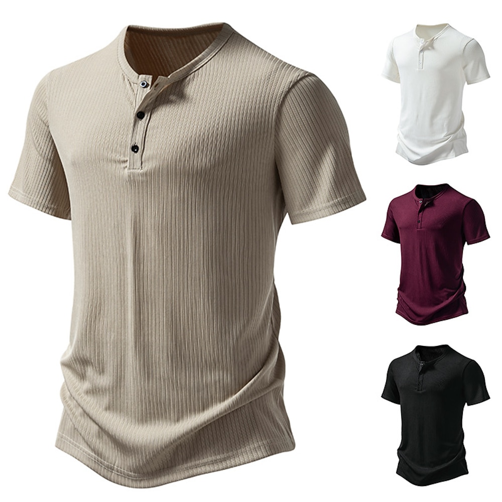 Herren Henley Shirt Tee Rippstrick-Oberteil Kurzarm Feste Farbe Glatt Brautkleider schlicht Knopf Henley Outdoor Casual Täglich Sommer Frühling Herbst Schwarz Weiß Burgunderrot Henley T-Shirt Lightinthebox