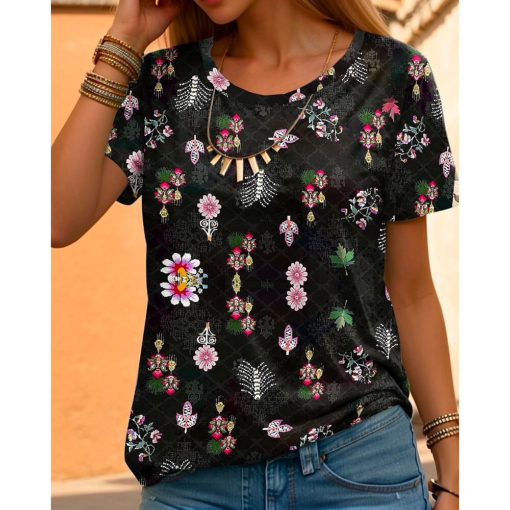 Damen Sommertops Elegant Böhmen Vintage Kurzarm Schmetterling Rundhalsausschnitt Normale Oberteile Täglich Ausgehen Wochenende Bedruckt Schwarz Sommer Lightinthebox