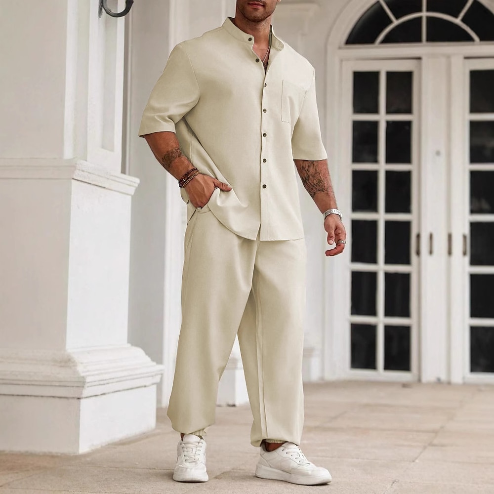 Herren Zweiteilig Hemd Set Sommer-Set Passende Sets Freizeithemd Einfach Urlaub Täglich Schwarz Beige Grau Kurzarm Kragen Sommer Bekleidung Lightinthebox