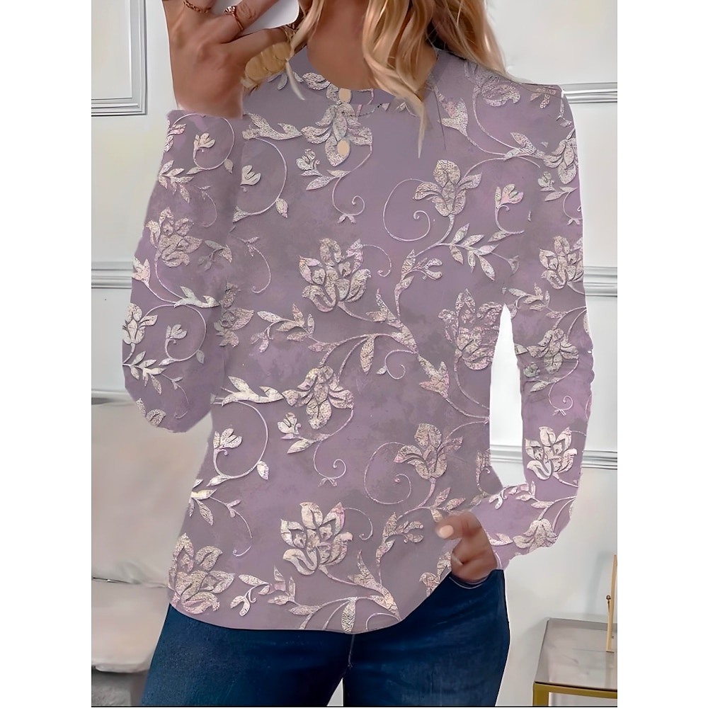 Damen T Shirt Blumen Elegant Vintage Modisch Langarm Rundhalsausschnitt Normale Oberteile Täglich Ausgehen Wochenende Bedruckt Pudriges Rosa Sommer Frühling Lightinthebox