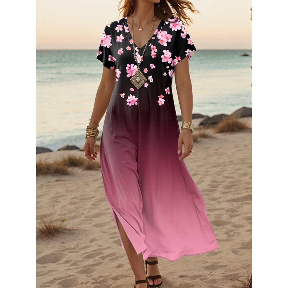 Damen Casual kleid A Linie Kleid Stilvoll Brautkleider schlicht Urlaub Täglich Regular Fit Blumen Kurzarm V Ausschnitt Rosa Frühling Herbst Lightinthebox