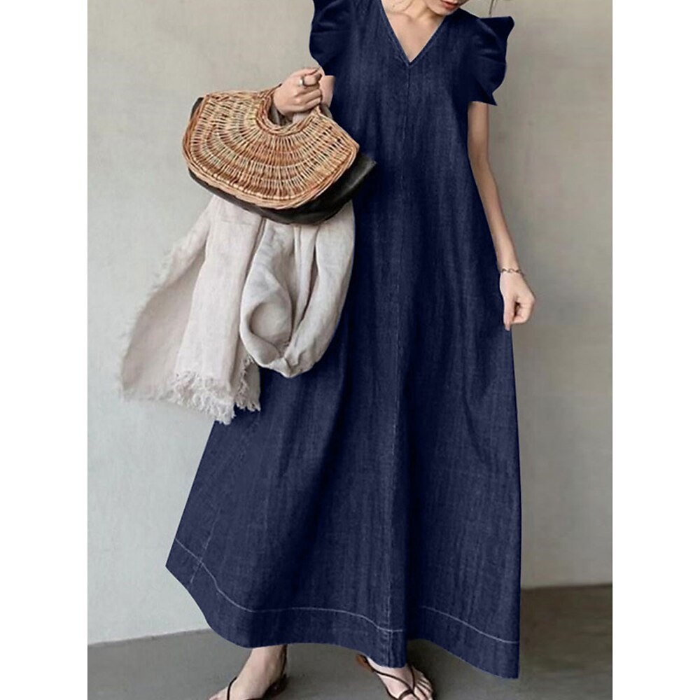 Damen Jeanskleider Boho Chic Kleider Böhmen Vintage Stilvoll Urlaub Casual Täglich Lockere Passform Glatt Ärmellos V Ausschnitt Schwarz Marineblau Blau Sommer Frühling Lightinthebox