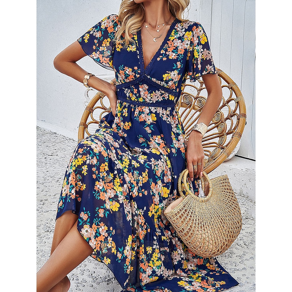 Damen Midi Kleid Korsett Kleid A-Linien Kleid Sommer Kleid Urlaub Urlaub Täglicher Regular Fit Floral Kurzarm V-Ausschnitt Rot Marineblau Grün Aprikose Sommer Lightinthebox