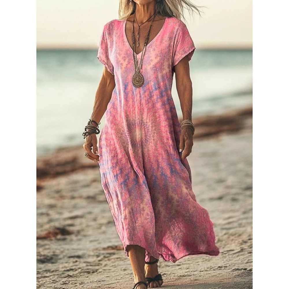 Damen Maxidress Casual kleid A Linie Kleid Stilvoll Brautkleider schlicht Urlaub Täglich Regular Fit Blumen Kurzarm V Ausschnitt Hellrosa Violett Purpur Beige Frühling Herbst Lightinthebox