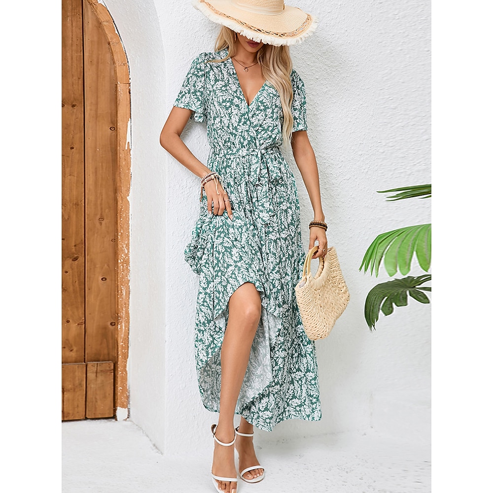 Damen Maxidress A Linie Kleid Sommerkleid Urlaub Urlaub Täglich Regular Fit Blumen Kurzarm V Ausschnitt Grün Sommer Lightinthebox