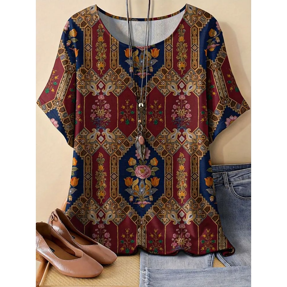 Damen Hemd aus Baumwollleinen T Shirt Sommertops Graphic Geometrisch Vintage Modisch Brautkleider schlicht Kurzarm Rundhalsausschnitt Normale Oberteile Täglich Wochenende Patchwork Bedruckt Rote Lightinthebox