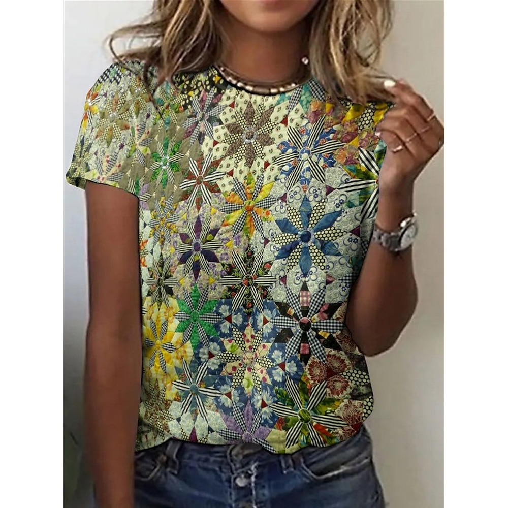 Damen T Shirt Blumen Brautkleider schlicht Kurzarm Rundhalsausschnitt Normale Oberteile Täglich Bedruckt Grün Sommer Lightinthebox