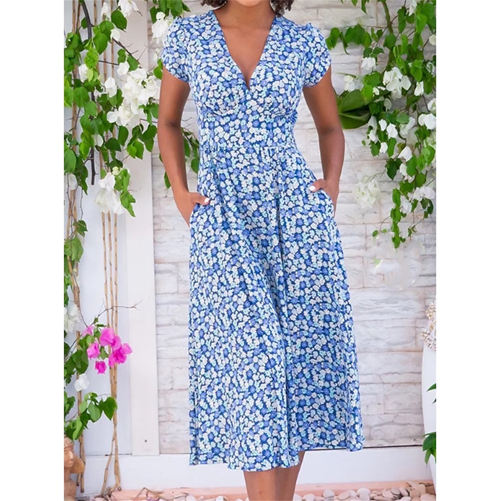 Damen Midikleid Casual kleid Boho Chic Kleider A Linie Kleid Böhmen Urlaub Stilvoll Urlaub Casual Täglich Regular Fit Graphic Kurzarm V Ausschnitt Hellgelb Rote Purpur Grün Sommer Lightinthebox