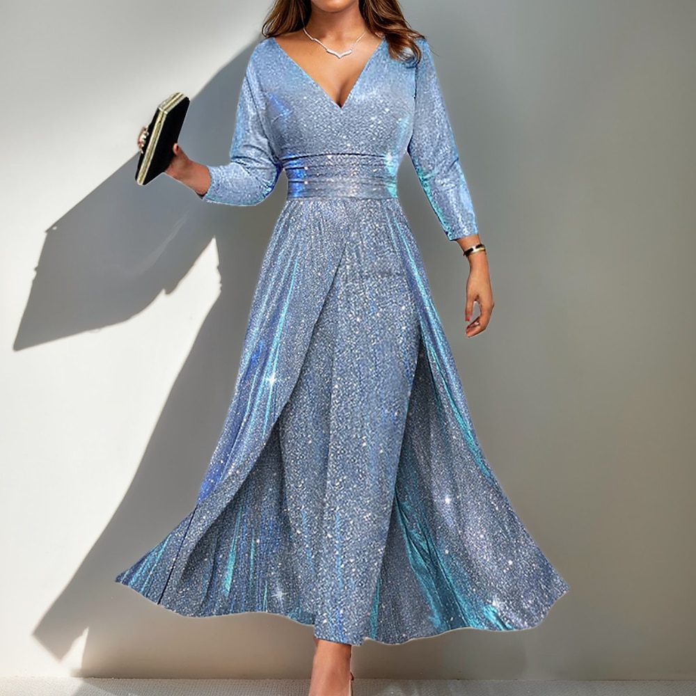 blaue Jumpsuits Abendkleid glitzernd formelle Hochzeit knöchellang langarm V-Ausschnitt mit Glitzer 2025 Lightinthebox