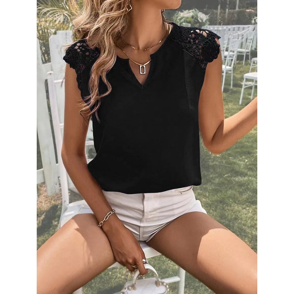 Damen Hemd Bluse Feste Farbe Stilvoll Brautkleider schlicht Kurzarm Gekerbter Hals Normale Oberteile Täglich Spitze Patchwork Schwarz Rosa Grün Sommer Lightinthebox