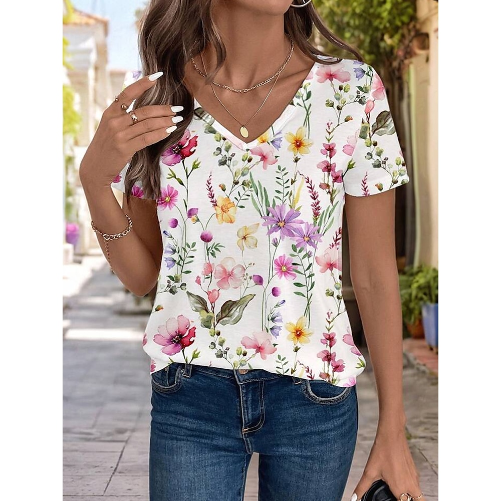 Damen T Shirt Blumen Brautkleider schlicht Kurzarm V Ausschnitt Normale Oberteile Täglich Bedruckt Weiß Sommer Lightinthebox