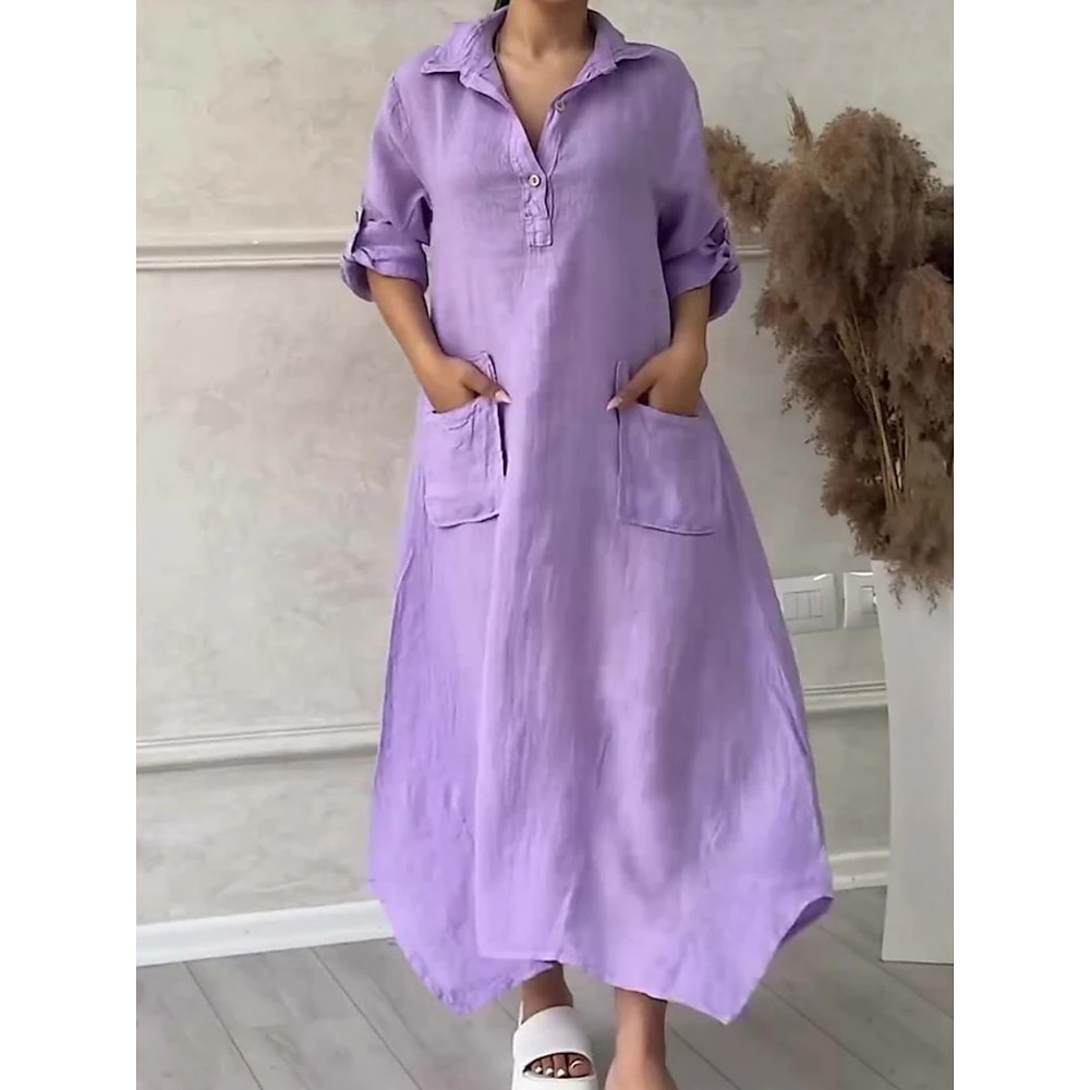 Damen Maxidress blusenkleid Casual kleid Basic Brautkleider schlicht Urlaub Täglich Regular Fit Glatt Langarm Hemdkragen Weiß Gelb Blau Purpur Sommer Lightinthebox