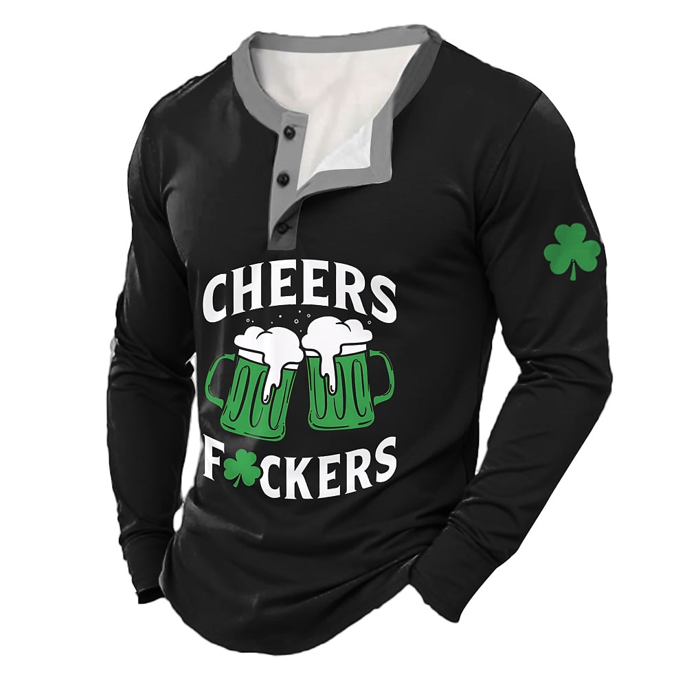 Herren St. Patrick Graphic Bier Cheers Henley Shirt Langarm Modisch Kuschelig Täglich Casual Festtage Ausgehen Frühling Herbst Schwarz Grün Henley Henley T-Shirt Lightinthebox