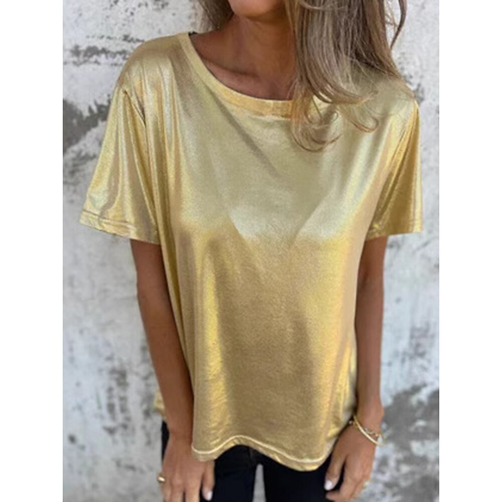 Damen Hemd Bluse Feste Farbe Stilvoll Brautkleider schlicht Kurzarm Rundhalsausschnitt Normale Oberteile Täglich Patchwork Weiß Blau Gold Sommer Lightinthebox