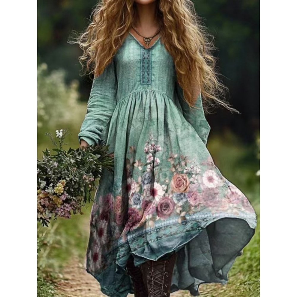 Damen Casual kleid Schaukelkleid Boho-Kleid Böhmen Vintage Ethnisch Urlaub Täglich Regular Fit Blumen Langarm Rundhalsausschnitt Weiß Wein Fuchsie Grün Sommer Frühling Lightinthebox