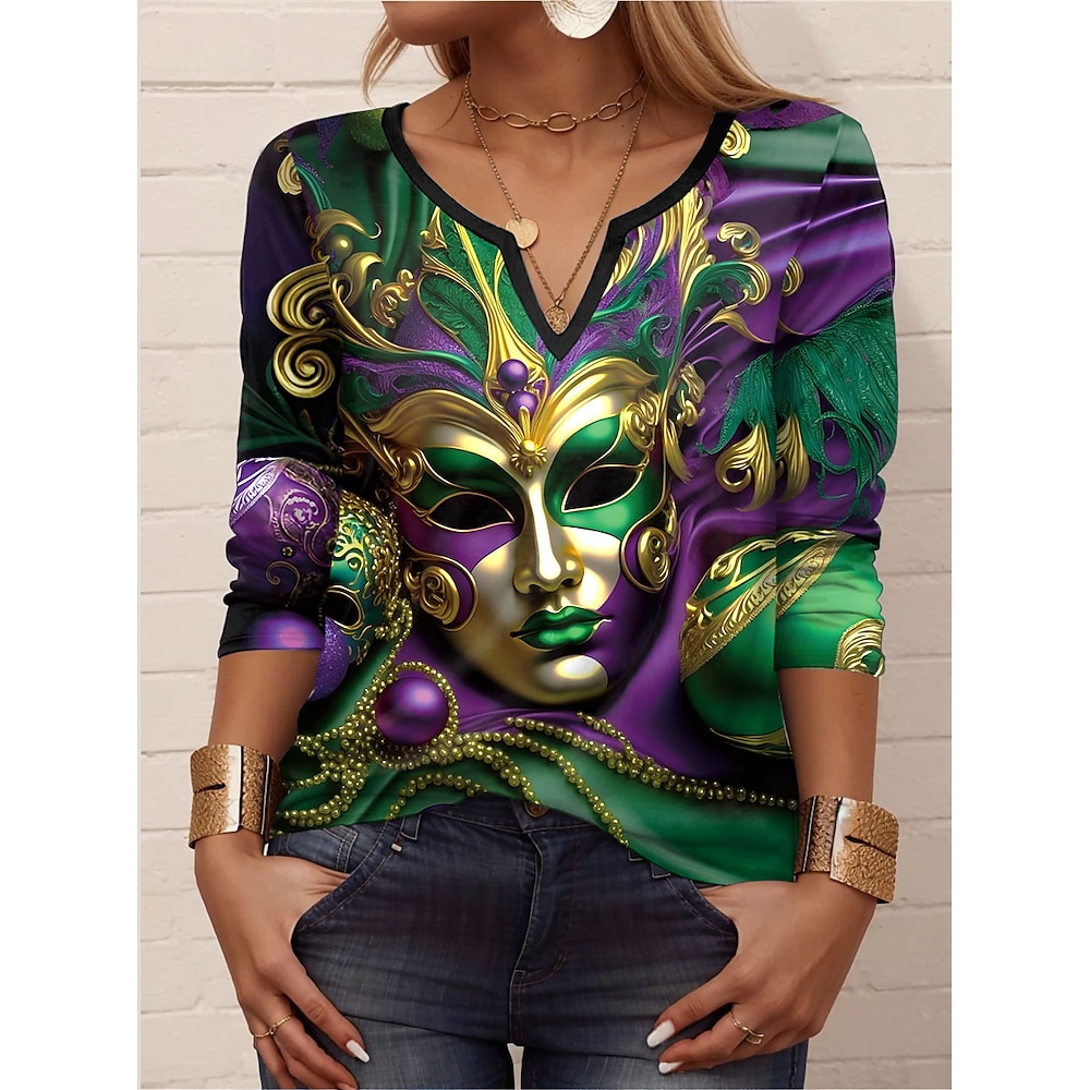 Damen T Shirt Brautkleider schlicht Karnival Graphic Normale Oberteile Langarm Gekerbter Hals Bedruckt Regular Fit Täglich Grün Sommer Frühling Herbst Lightinthebox