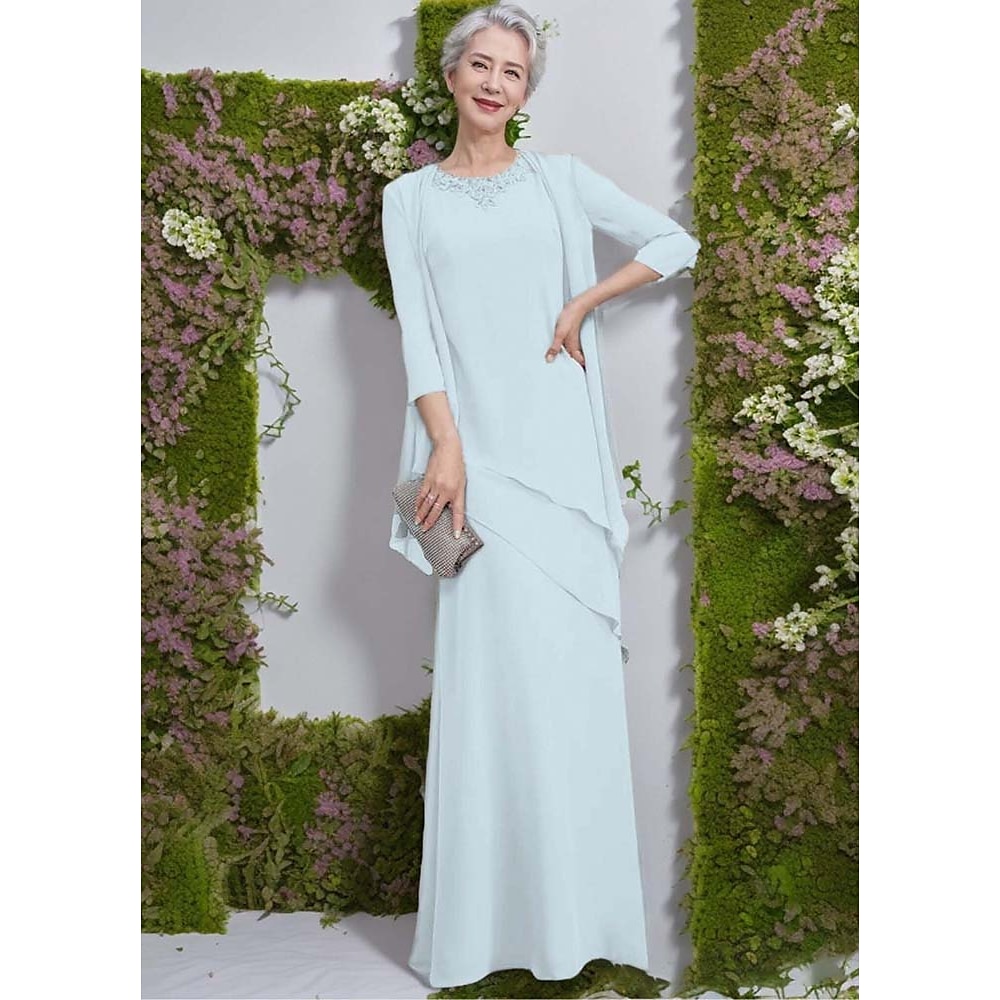 zweiteiliges Kleid für die Mutter der Braut, elegant, Vintage, schlicht, Rundhalsausschnitt, bodenlang, Chiffon, 3/4-Ärmel, Jackenkleider mit Pailletten und Perlen, kaskadierende Rüschen 2025 Lightinthebox