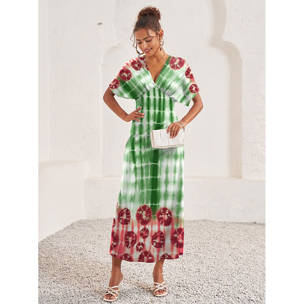 Damen Boho Chic Kleider Maxidress Elegant Täglich Lockere Passform Farbverlauf Batik Kurzarm V Ausschnitt Grün Sommer Lightinthebox