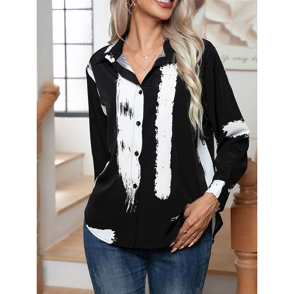 Damen Hemd Bluse Geometrisch Elegant Stilvoll Brautkleider schlicht Langarm Hemdkragen Normale Oberteile Arbeit Täglich Festtage Knopf Schwarz Weiß Frühling Herbst Lightinthebox