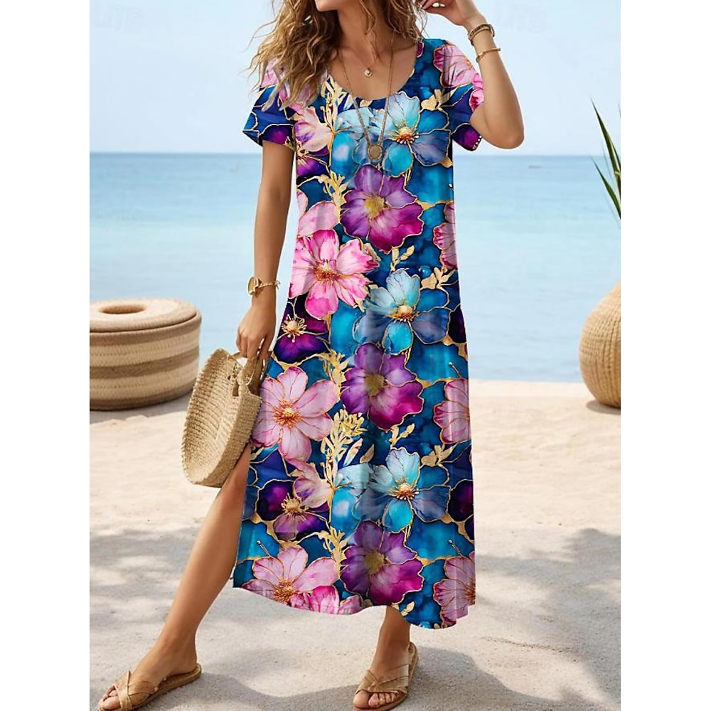 Damen Casual kleid Vintage Ethnisch Urlaub Regular Fit Blumen Kurzarm Rundhalsausschnitt Marineblau Sommer Lightinthebox