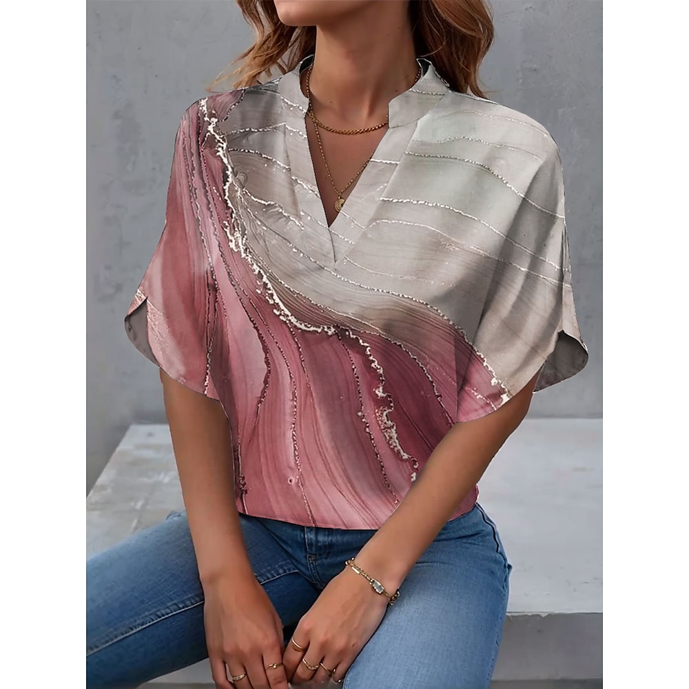 Damen Bluse Marmordruck Stilvoll Strand Design Kurzarm V Ausschnitt Normale Oberteile Täglich Bedruckt Rosa Purpur Grün Frühling Herbst Lightinthebox