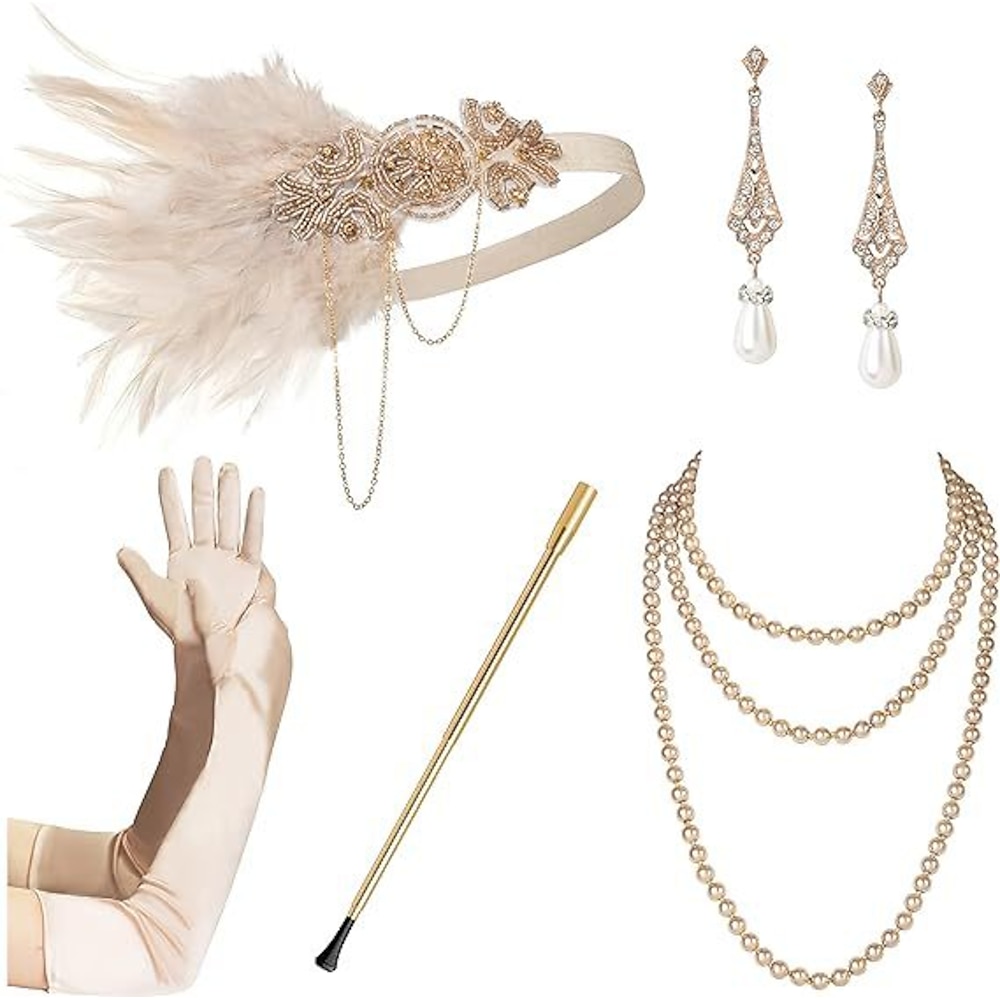 Goldene Zwanziger 1920er Flapper-Stirnband Zubehörset Der große Gatsby Charleston Feder Damen Neujahr Maskerade Party Junggesellinnenabschiedsparty Erwachsene Handschuhe Ohrringe Halskette Lightinthebox