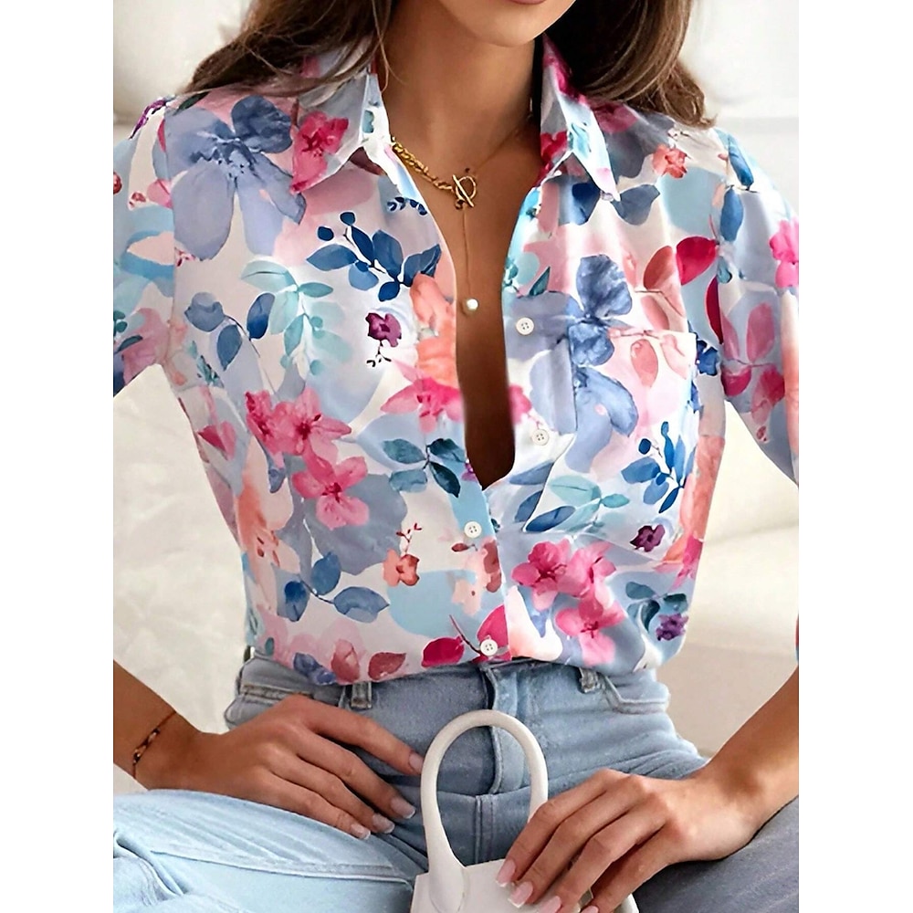 Damen Hemd Bluse Blumen Modern Brautkleider schlicht Langarm Hemdkragen Normale Oberteile Arbeit Täglich Knopf Bedruckt Blau Frühling Herbst Lightinthebox