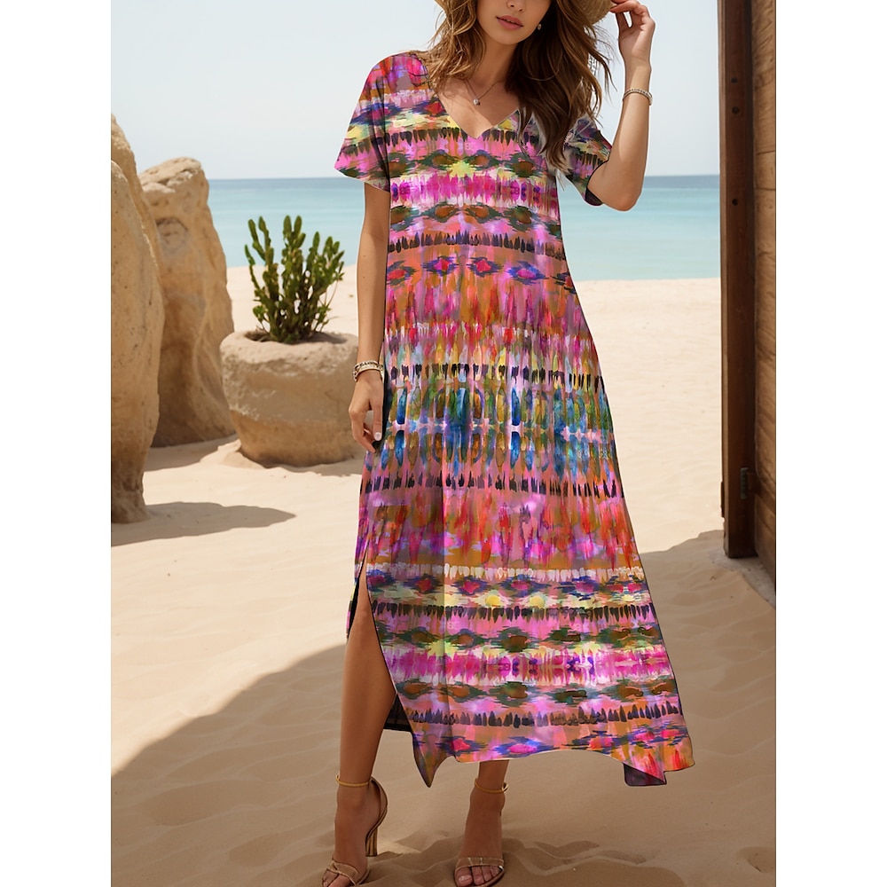 Damen Maxidress Casual kleid Maxidress Sommerkleid A Linie Kleid Böhmen Urlaub Stilvoll Urlaub Täglich Regular Fit Farbverlauf Geometrisch Batik Kurzarm V Ausschnitt Rote Frühling Herbst Lightinthebox