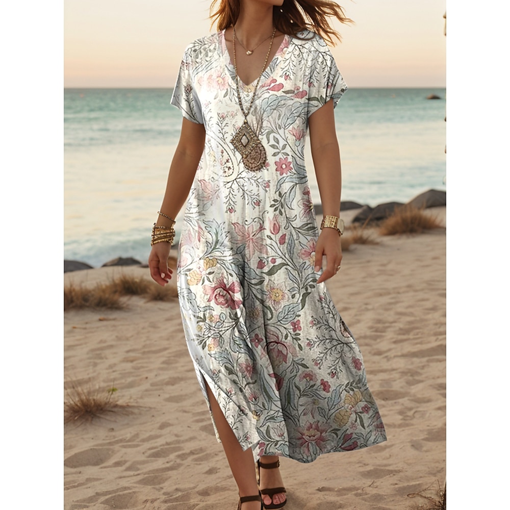 Damen Casual kleid A Linie Kleid Stilvoll Brautkleider schlicht Urlaub Täglich Regular Fit Blumen Kurzarm V Ausschnitt Weiß Frühling Herbst Lightinthebox