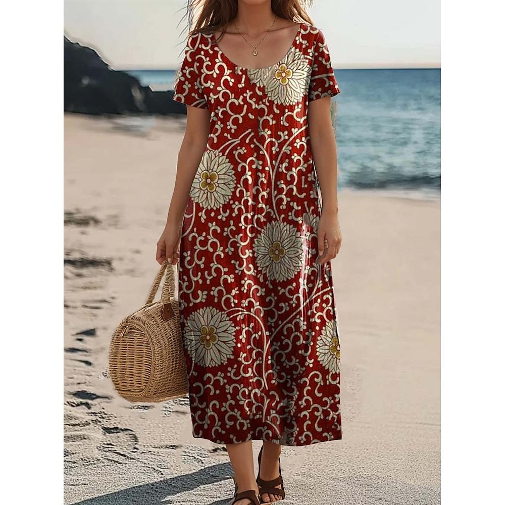 Damen kleid lang Casual kleid Elegant Böhmen Urlaub Täglich Lockere Passform Blumen Paisley-Muster Farbblock Kurzarm Rundhalsausschnitt Rote Sommer Lightinthebox