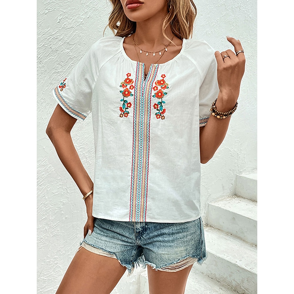 Damen Hemd Bluse Blumen Elegant Stilvoll Basic Kurzarm V Ausschnitt Normale Oberteile Täglich Bestickt Weiß Sommer Frühling Lightinthebox