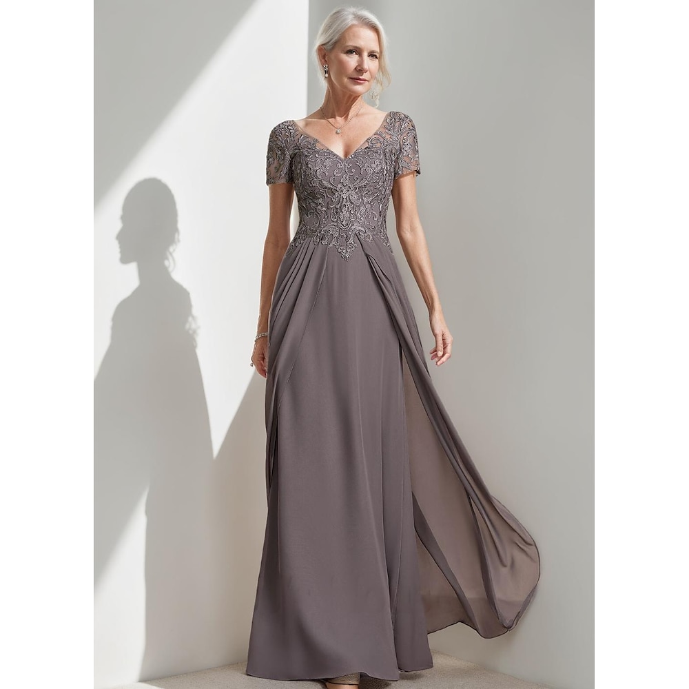 A-Linien-Kleid für die Mutter der Braut, elegant, Vintage, schlicht, Rundhalsausschnitt, bodenlang, Chiffon, kurze Ärmel, mit barocken Spitzenapplikationen 2025 Lightinthebox