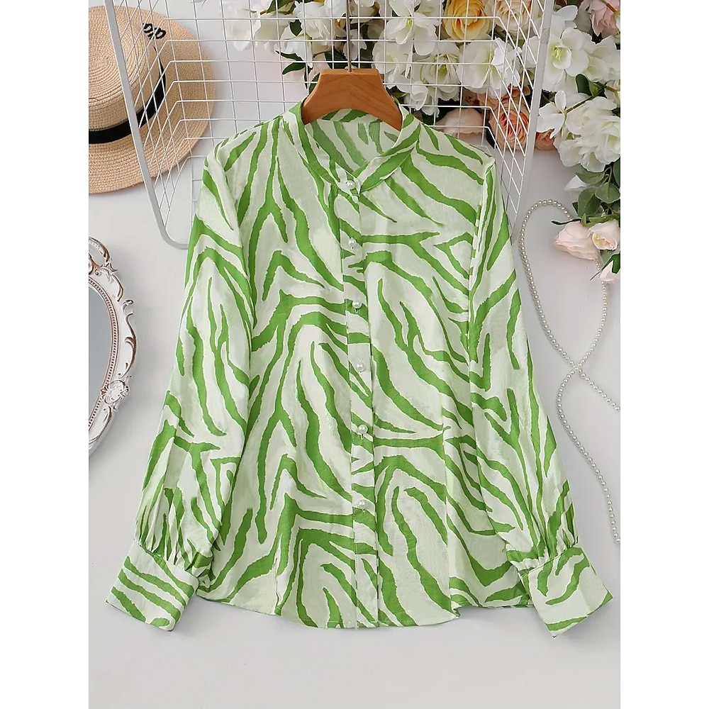 Damen Übergröße Bluse Tier Brautkleider schlicht Langarm Stehkragen Normale Oberteile Täglich Knopf Bedruckt Grün Frühling, Herbst, Winter, Sommer Lightinthebox