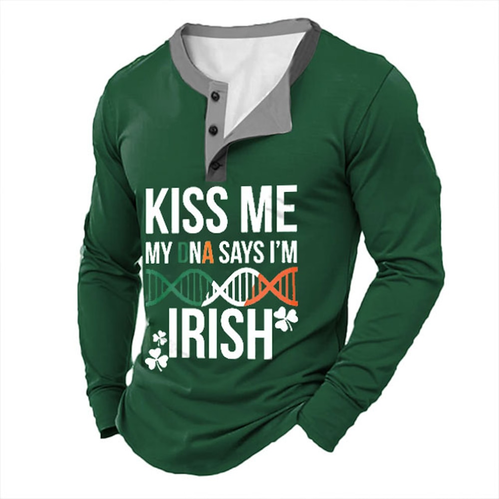 Herren St. Patrick Graphic DNA Kiss Me My DNA Says I'm Irish Henley Shirt Langarm Modisch Kuschelig Täglich Casual Festtage Ausgehen Frühling Herbst Schwarz Hellgrün Dunkelgrün Henley Henley T-Shirt Lightinthebox