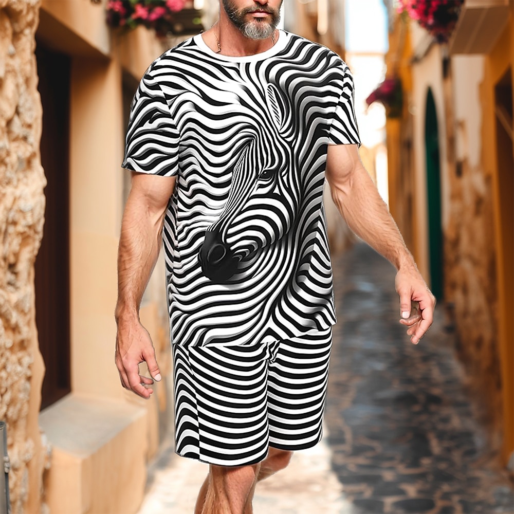 Herren Zebra-Druck 2St Sommertops Kurzarm Kurze Hosen T-Shirts-Sets Rundhalsausschnitt Sport Brautkleider schlicht Outdoor Urlaub Täglich 3D-Druck Schwarz Blau Purpur Lightinthebox