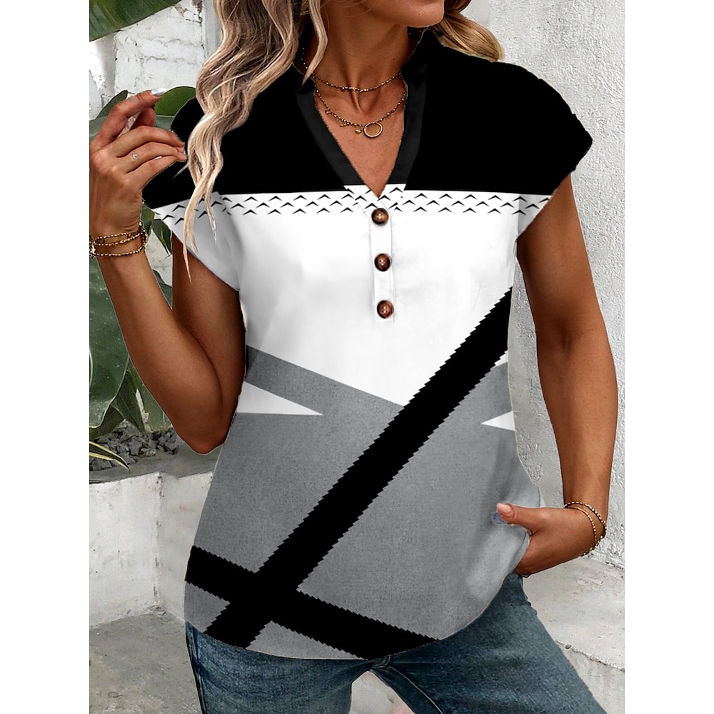 Damen T Shirt Geometrisch Farbblock Stilvoll Kurzarm Gekerbter Hals Normale Oberteile Täglich Wochenende Bedruckt Schwarz und weiss Sommer Lightinthebox