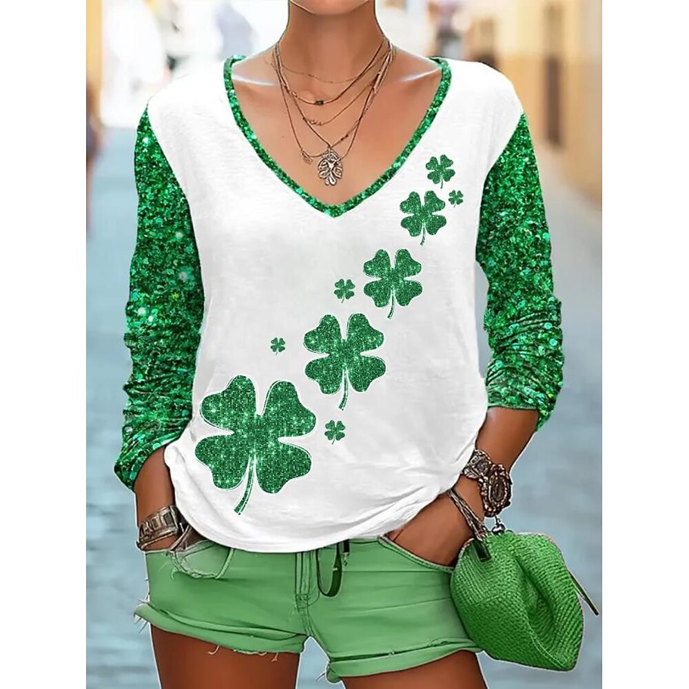 St. Patrick Damen Extraklein Tunika Kleeblatt Elegant Kurzarm V Ausschnitt Normale Oberteile Täglich Ausgehen Wochenende Bedruckt Grün Sommer Frühling Lightinthebox