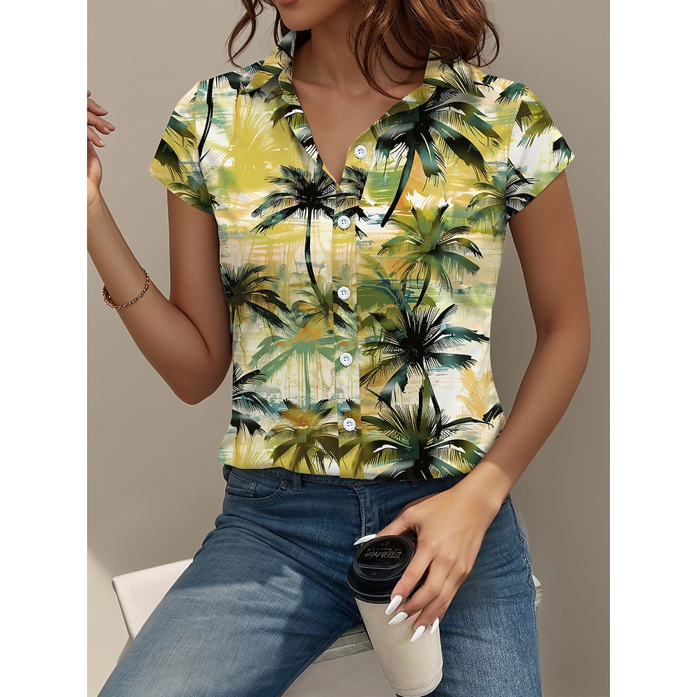 Damen Hemd Bluse Blatt Baum Hawaiian Tropisch Hawaiianisch Kurzarm Hemdkragen Normale Oberteile Knopf Bedruckt Grün Sommer Lightinthebox