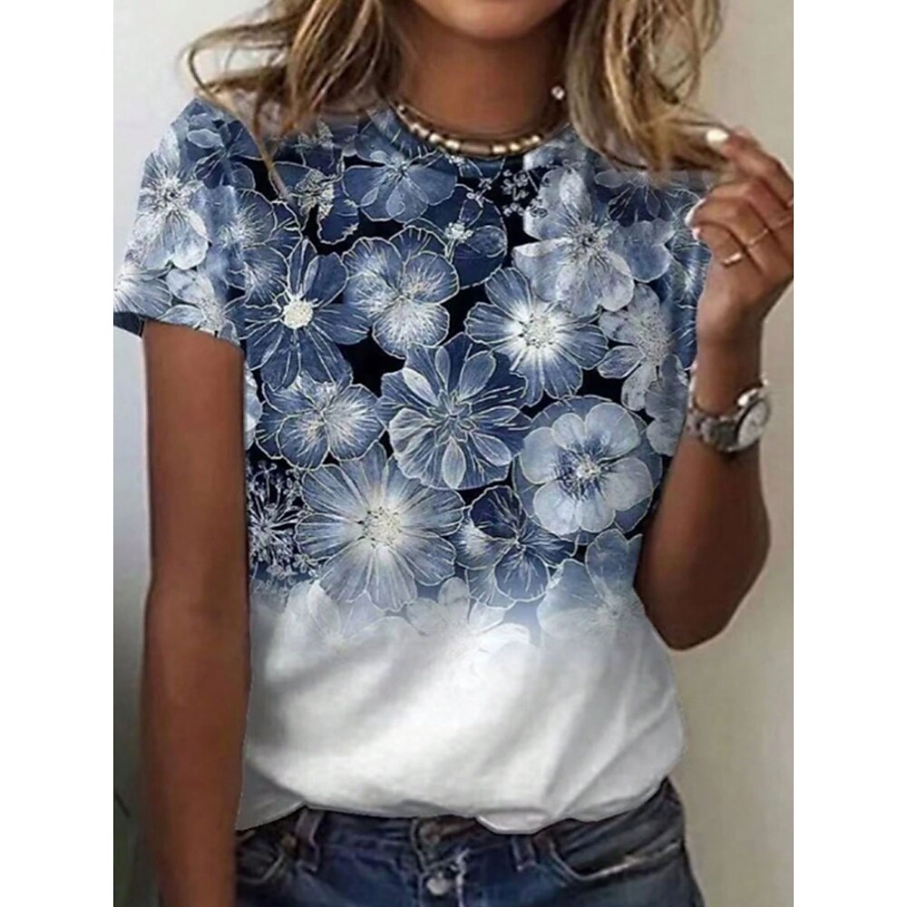 Damen T Shirt Blumen Brautkleider schlicht Kurzarm Rundhalsausschnitt Normale Oberteile Täglich Bedruckt Blau Sommer Lightinthebox