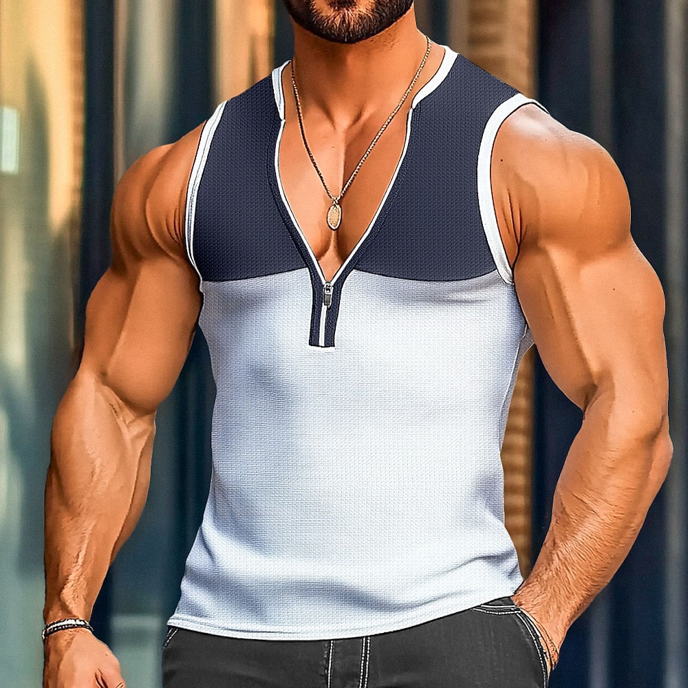 Herren Waffel-Tanktop Tank Top Henley Shirt Shirt Unterhemden Farbblock Rundhalsausschnitt Outdoor Ausgehen Ärmellos Zip Bekleidung Modisch Designer Muskel Lightinthebox