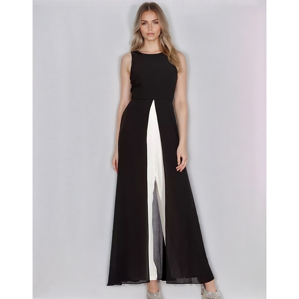 schwarz-weiße Jumpsuits, Hochzeitskleid für die Mutter der Braut, formell, elegant, Rundhalsausschnitt, bodenlang, Stretch-Chiffon, ärmellos, mit Stufen, Farbblock, 2025 Lightinthebox