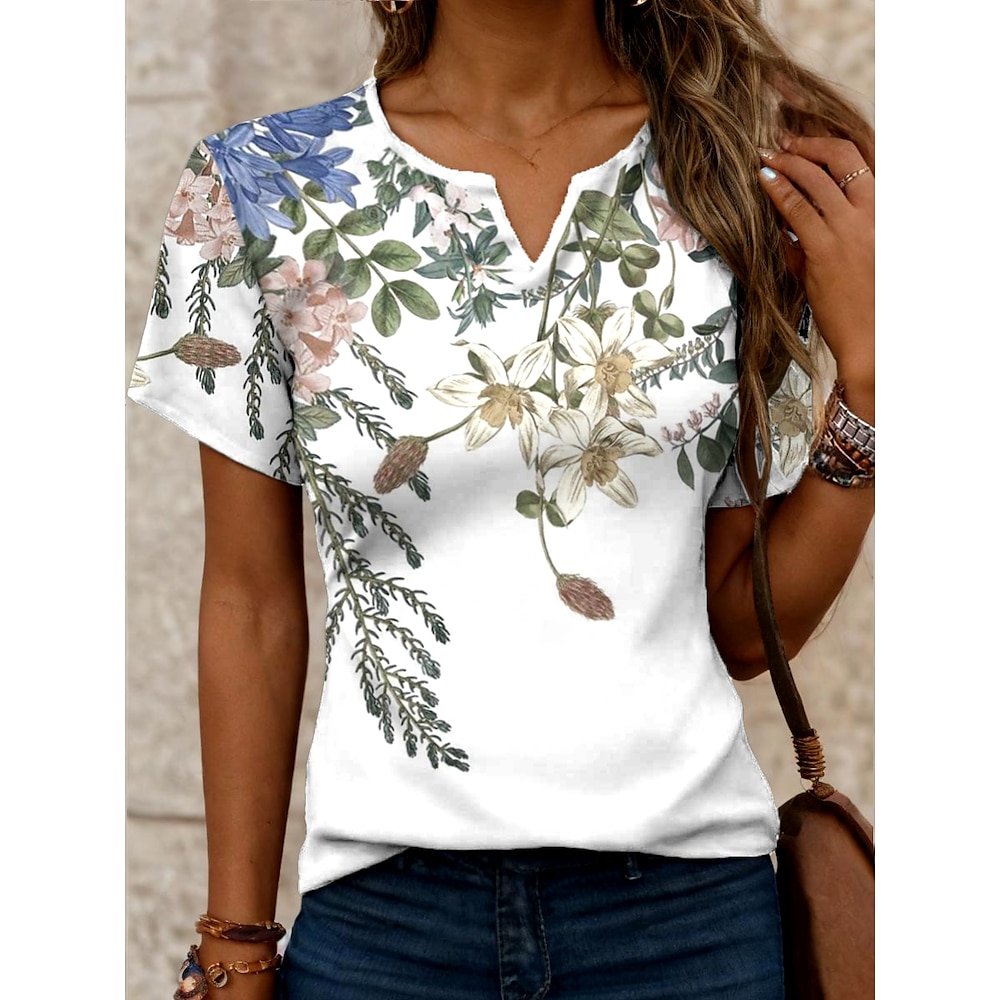 Damen T Shirt Farbverlauf Blumen Brautkleider schlicht Kurzarm Gekerbter Hals Normale Oberteile Täglich Bedruckt Hellgrün Sommer Frühling Lightinthebox