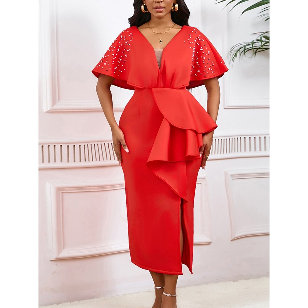 Kentucky Derby Damen Midi Kleid Bodycon Kleid Puffärmel Kleid Elegant Formal Cocktail Formal Party Hochzeitsgast Reguläre Passform Grafisch Kurzarm V-Ausschnitt Schwarz Weiß Gelb Rot Sommer Lightinthebox