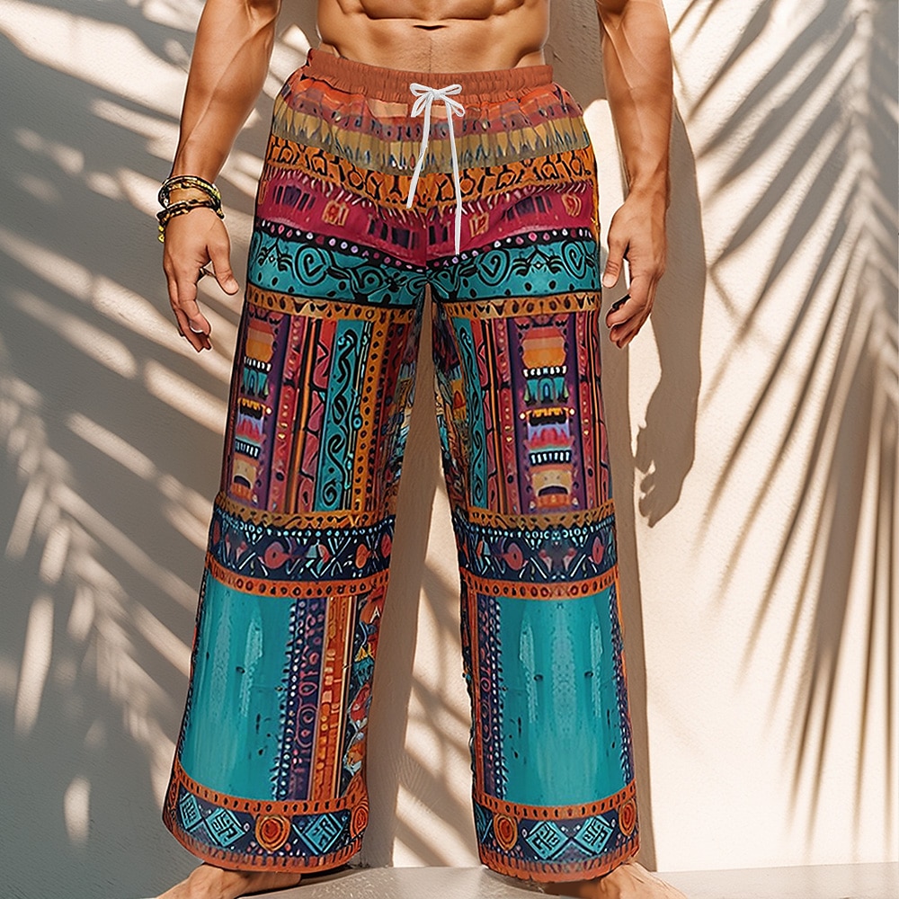 Herren Blumen Geometrische Muster Ethnisch Hose Hosen Schlabberhose Freizeithose Mittlere Taillenlinie Vintage-Retro Outdoor Festtage Kordelzug Elastische Taille Weite Hosen Sommer Frühling 3D-Druck Lightinthebox